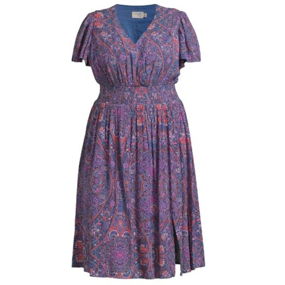 Terra & Sky Women's Plus Size Surplice Midi Dress, Boho Paisley/Blue Comet - Picture 1 of 5